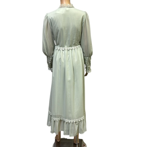 H&M Green Chiffon Crochet Lace Boho Prairie Midi Length Lined Dress Womens 10 - Picture 6 of 13